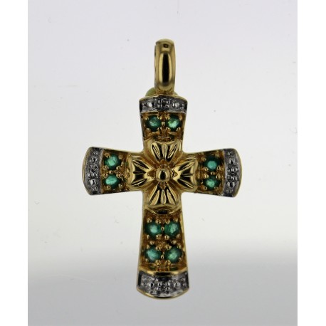 Pendentif Croix Or jaune 18k Emeraudes diamants